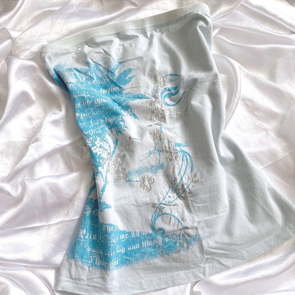 Maurices Vintage Y2K Graphic Tube Top Blue Silver Floral Metallic Strapless M